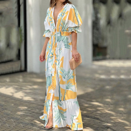 jinran Women Maxi Dress Summer Stylish Print Short Puff Sleeve V Neck Nipped Waist Slim Single Row Button Beach Party Dresses