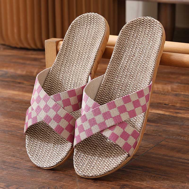 jinran New Checkerboard Linen Slippers Women 2022 Summer Indoor Home Shoes Household Non-slip Couple Four Seasons Men's Sandals Y