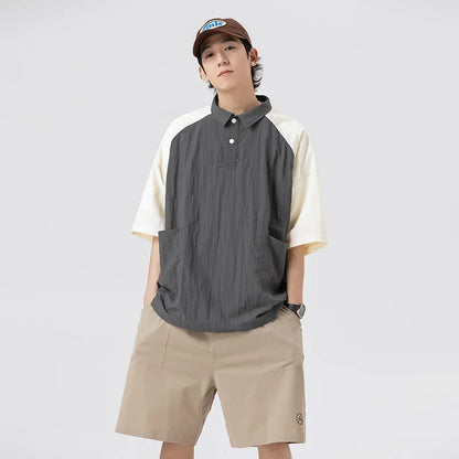 Couple Japanese Shirt Harajuku Oversized Short Sleeve Shirt for Men Women Hawaiian Contrast Stitching Polo Geometric Streetwear