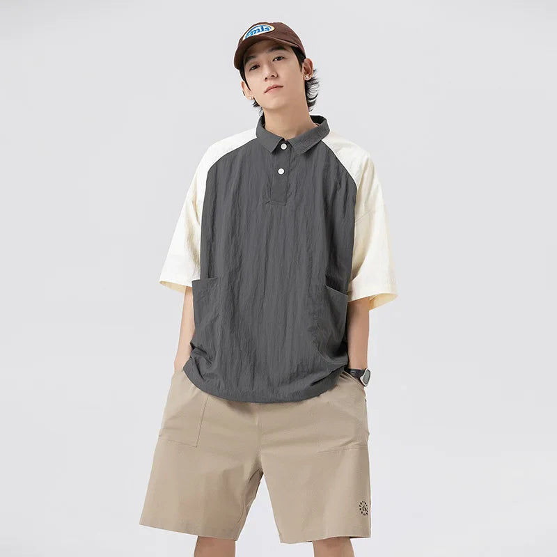 Couple Japanese Shirt Harajuku Oversized Short Sleeve Shirt for Men Women Hawaiian Contrast Stitching Polo Geometric Streetwear