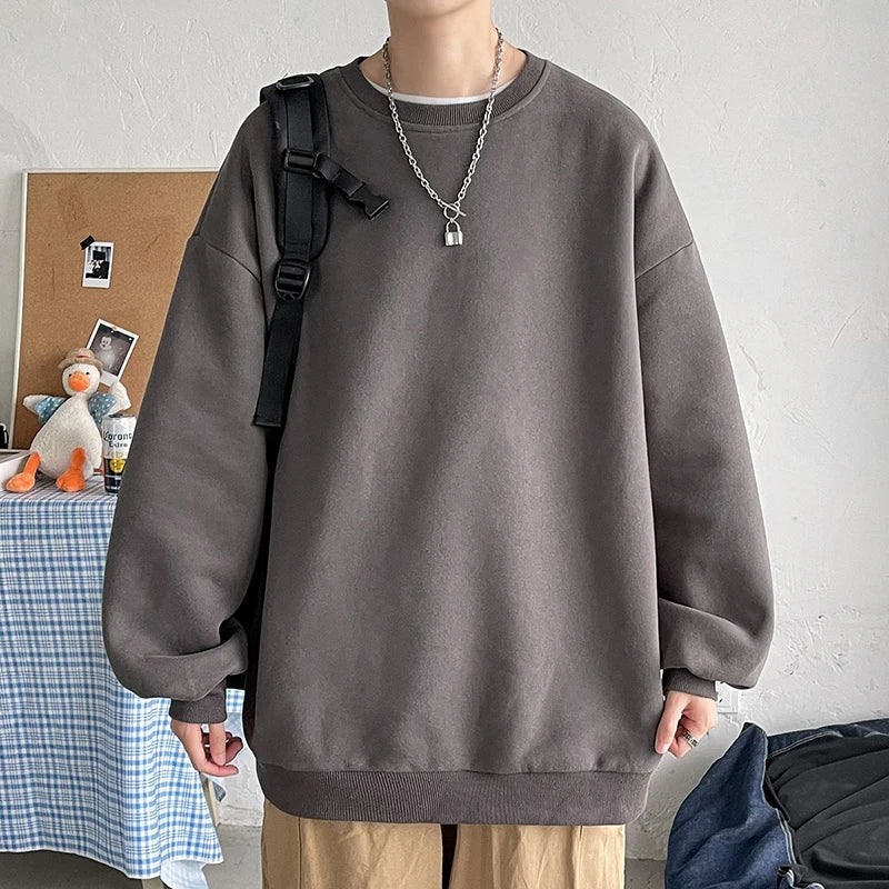 Harajuku Sweatshirts Men Korean Solid Color Basic O Neck Oversized Pullovers Spring Autumn Simple Fashion Casual Tops 5XL-M