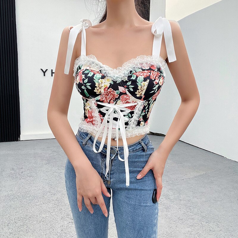 jinran Top Womens Summer Tank Tops Sexy Elegant Vest Corset Straps Sleeveless Lace Design Printing Fashion Chic Club Party Wear