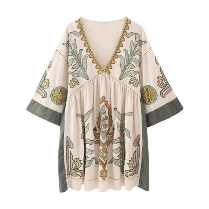 jinran Summer Women Embroidery Dress 2024 New Female V-Neck Flare Three Quarter Sleeve Leisure Vacation Style Loose Mini Dress