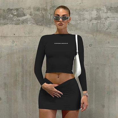 jinran Letter Print Solid Turtleneck Short Sleeves Crop Top Skirts 2 Pcs Set Sexy Slim Summer Fashion Outfit Streetwear Sports