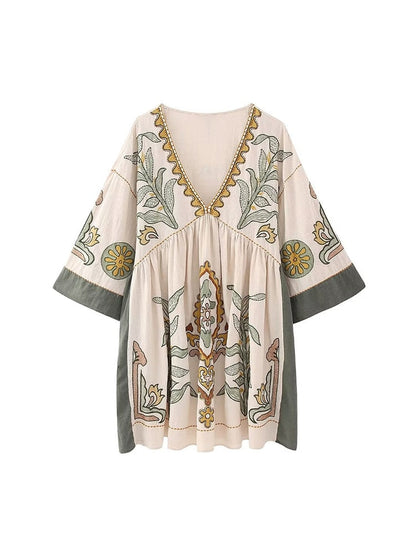 jinran Summer Women Embroidery Dress 2024 New Female V-Neck Flare Three Quarter Sleeve Leisure Vacation Style Loose Mini Dress