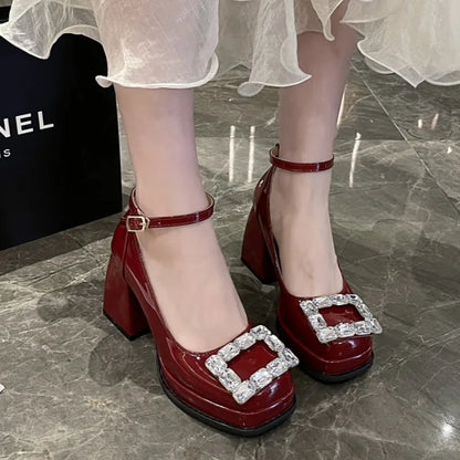 jinran 2024 Women Autumn Style Fashion Square Head Brand Design Female Mary Jane Shoes Casual Banquet Party Female High Heels Zapatos