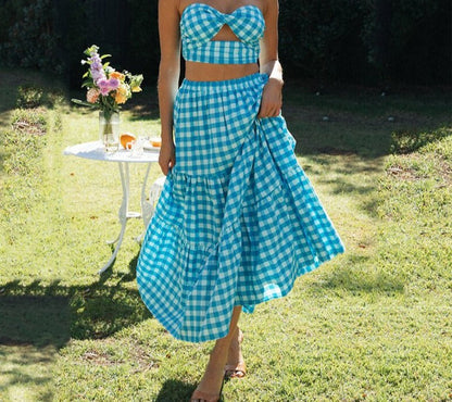 jinran Gingham Print Off Shoulder Sexy Front Cut Out Summer Dress Long Elegant Plaid Vintage Strapless Beach Dress Sleeveless