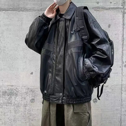 Oversized VIntage Men's Leather Jackets PU Biker Coat Autumn Faux Leather Bomber Jacket 90s Big Pockets Windbreaker Overcoat