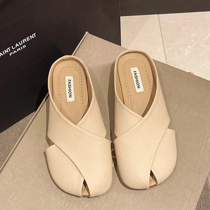 jinran Women Pure Color Flat Slippers Shoes Summer Peep Toe Leather Flat Sandals Female Fashion Mules Casual Outwear Shoes 2024 New