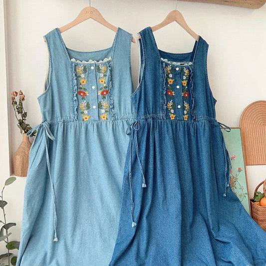 jinran Vintage Embroidery Flower Denim Tank Dresses Women Mori Girl Ruffled Kawaii Straight Sundresse Loose Sleeveless Pullover Dresses