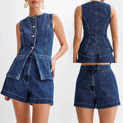 jinran Office Lady White Denim 2pcs Clothes Set Sleeveless Slit O Neck Top High Waist Wide Short Suit Fashion Casual Shorts Pants 2024