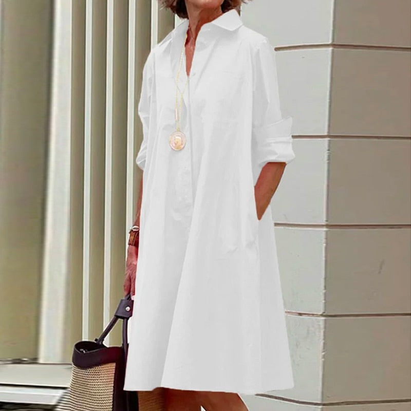 jinran Elegant Women Solid Shirt Dress Summer Casual Turn-down Collar Long Sleeve Midi Dresses Fashion Print Streetwear Dress Vestidos