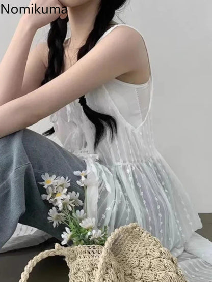 jinran White Dress Women Clothing Vestido Femme O-neck Bandage Tunic Sleeveless Robe Femme Spit Embroidery See Through Summer Dresses