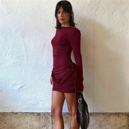 jinran Women Sexy Solid Bodycon Dress Elegant O-neck Flower Lace Up Long Sleeve Mini Slim Dresses Fashion Party Club Dress Vestidos