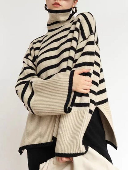 jinran Fashion Tops Women Striped High Collar Sweater New Autumn Winter Loose Design Knitted Pullover Oversized Sweater  Jumper