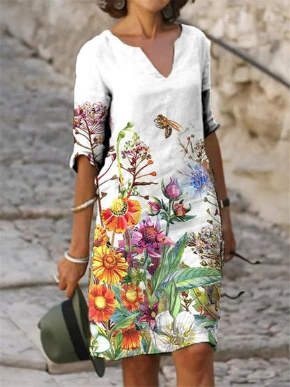 jinran Women Elegant Dress Summer Fashion Loose V-Neck Half Sleeve A-Line Dress Sundress Female Vintage Print Midi Dresses Vestidos