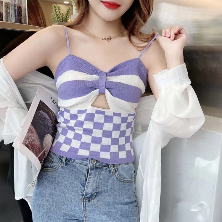 jinran Checkerboard Crop Top Women Sexy Hollowed Knitting Tank Top Bowknot Soft Comfortable Breathable Camisole 2022 New