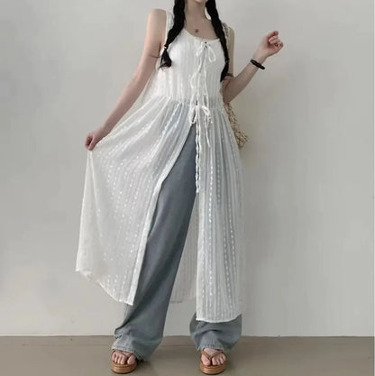 jinran White Dress Women Clothing Vestido Femme O-neck Bandage Tunic Sleeveless Robe Femme Spit Embroidery See Through Summer Dresses