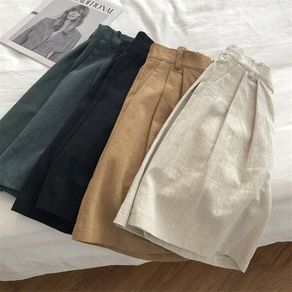 jinran Breathable Cotton Linen Shorts Japanese Retro High Waist Wide Leg Bermuda Shorts Suit Casual Summer Woman Loose J200