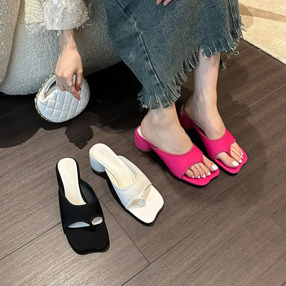 jinran Casual Women Slippers New Arrivals Round Mid Heels Black Rose White Summer Outside Party Pumps Dress Shoes Woman 35-39