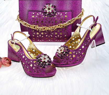 jinran Newest Gold Color Cutout High Heels Decorated with Rhinestone Flower Design Party Women's Shoes and Bags Set