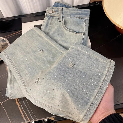 jinran Heavy-Duty Star Rhinestone Shiny Light Blue Jeans Women's Summer High Waist Slim Stretch Flared Pants