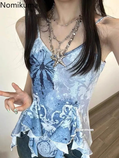 jinran Sexy Crop Tops Women's Clothing Fashion Summer Vest Floral Ruffles Tunic Backless Camis Korean Irregular Y2k Tanks Ropa Mujer