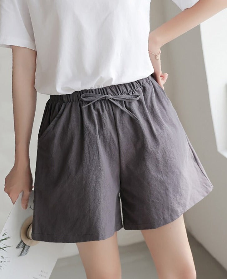 jinran Women Summer Casual Solid Cotton Linen Loose Shorts Korean Harajuku Elastic Waist Wide Leg Short Pants Summer Basic Chic Shorts