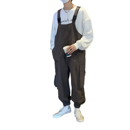 Suspenders Jumpsuit Pants Men Summer Overalls Japanese Loose Straps Casual Pockets Unisex Oversize Streetwear Solid Man Clothing