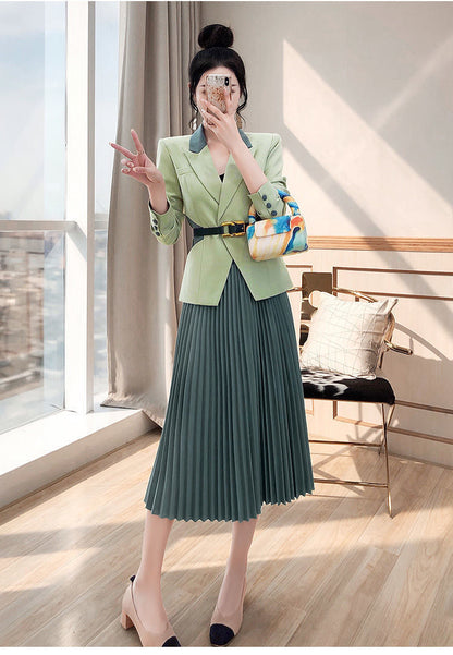 jinran 2022 Spring New Women's Two Pieces Suit Set Office Lady French Graceful Coats+Pleated Skirts Sets with Waistband Green Clothing