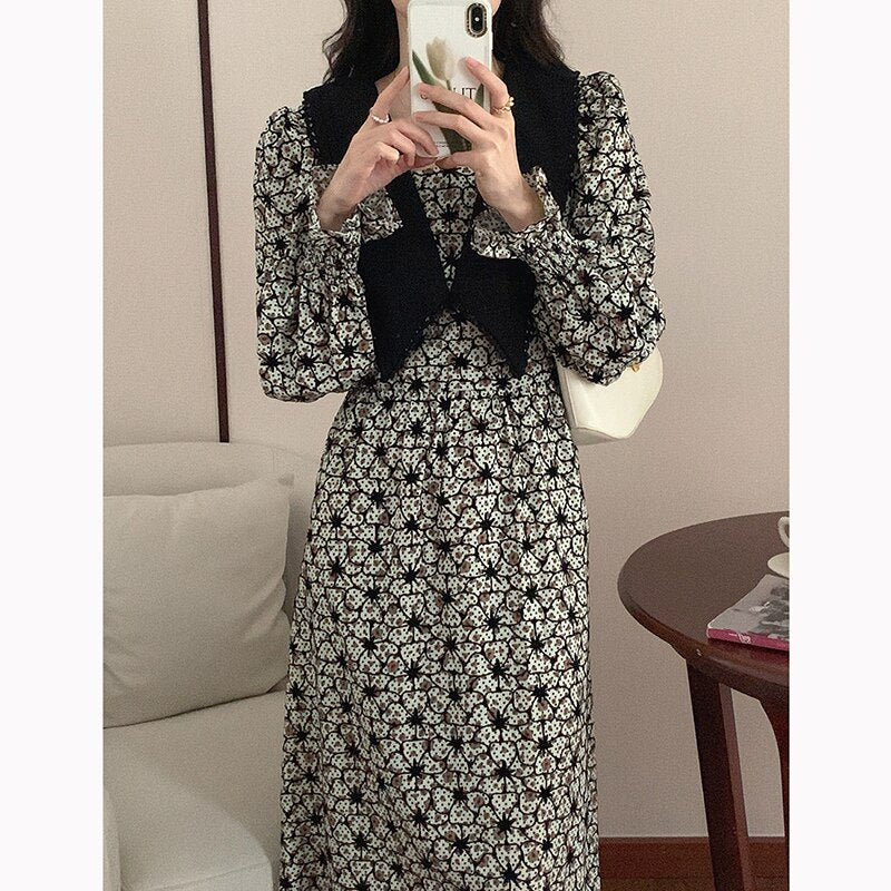 jinran 2022 New Floral Chiffon Dresses Women Spring Loose Elegant Doll Collar Dress Female Korean Sweet Puff Sleeve Dresses