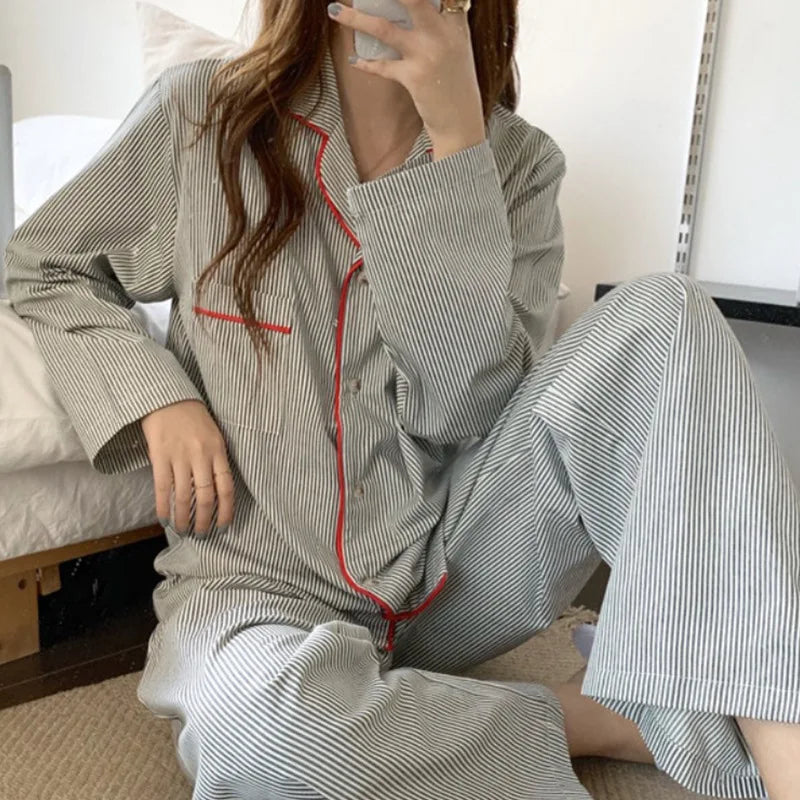 jinran New Ins Pajamas Women's Simple Striped Long-sleeved Cardigan Girl Korean Thin Loungewear Two-piece Set Pajamas for Women Spring