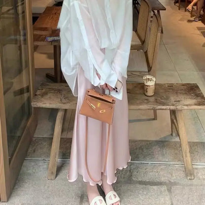 jinran Acetate Satin Skirt Women's Summer High-Grade A- line High Waist Pearly Pink Sheath French Fishtail Long Skirt