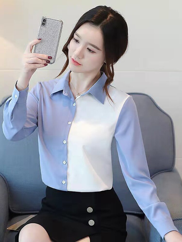 jinran Korean Fashion Hit Color Patchwork Loose Blouse Elegant Chiffon Tops Office Lady Spring Summer Chic Button Up Shirts Tunics