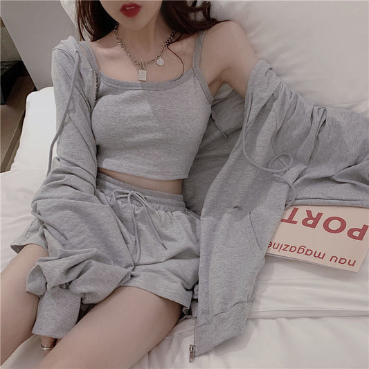 jinran Women 3 Pieces Summer Sleepwear Ensembles De Pyjama Nightgown Suits with Shorts Home Wear Roomware