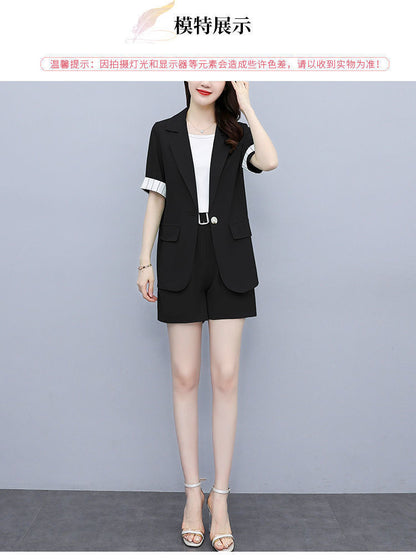 jinran 2022 Korean Style Summer New Elegant Women's Shorts Suit Short Sleeve Blazer Belt Decorative Shorts White Vest Three Piece Set