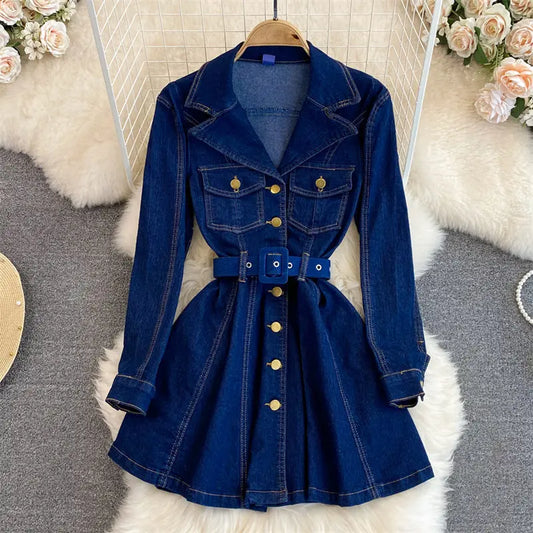 jinran 2024 Spring Autumn Retro High Quality Long Sleeve Suit Collar Double Breasted Slim A Line Denim Dress Women Shirt Jacket T1485