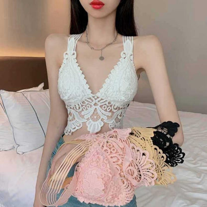 jinran Sexy Lace Beautiful Back Tank Top Solid Color Hollow Camisole Seamless Breathable Padded Underwear Backless 2022 New