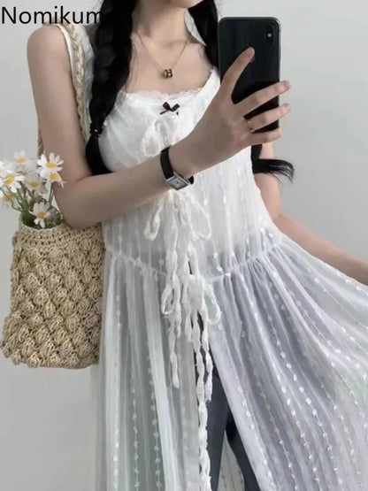 jinran White Dress Women Clothing Vestido Femme O-neck Bandage Tunic Sleeveless Robe Femme Spit Embroidery See Through Summer Dresses