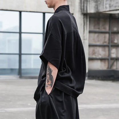 Black Oversized Short Sleeve Shirt Men's Korean Style Drop Shoulder Shirt Harajuku Loose Single Breasted Shirt