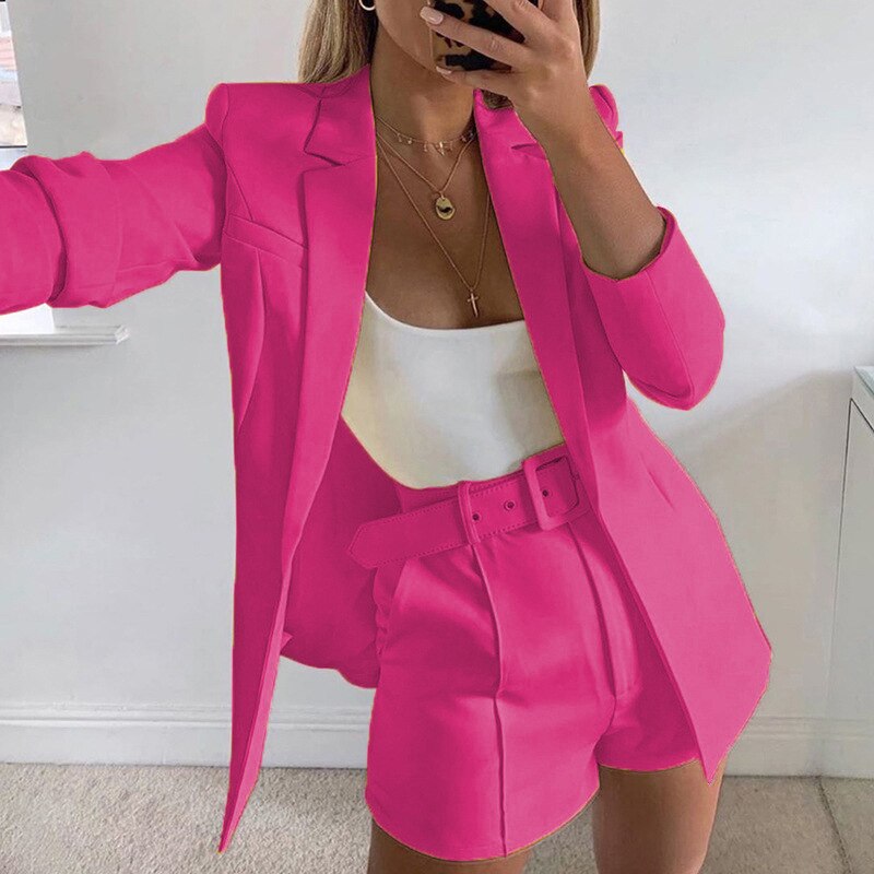 jinran New Spring and Summer Suit Jacket Shorts Sexy Temperament Women's Fashion Casual Lapel Cardigan Fashion Belt Women's Wear  Set