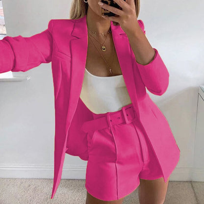 jinran New Spring and Summer Suit Jacket Shorts Sexy Temperament Women's Fashion Casual Lapel Cardigan Fashion Belt Women's Wear  Set