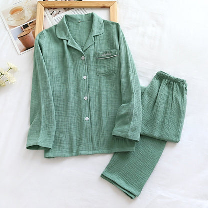 jinran New Spring And Autumn Pure Cotton Crepe Cloth Couple Soft Men Long-Sleeve Simple Home Service Women Two Piece Set