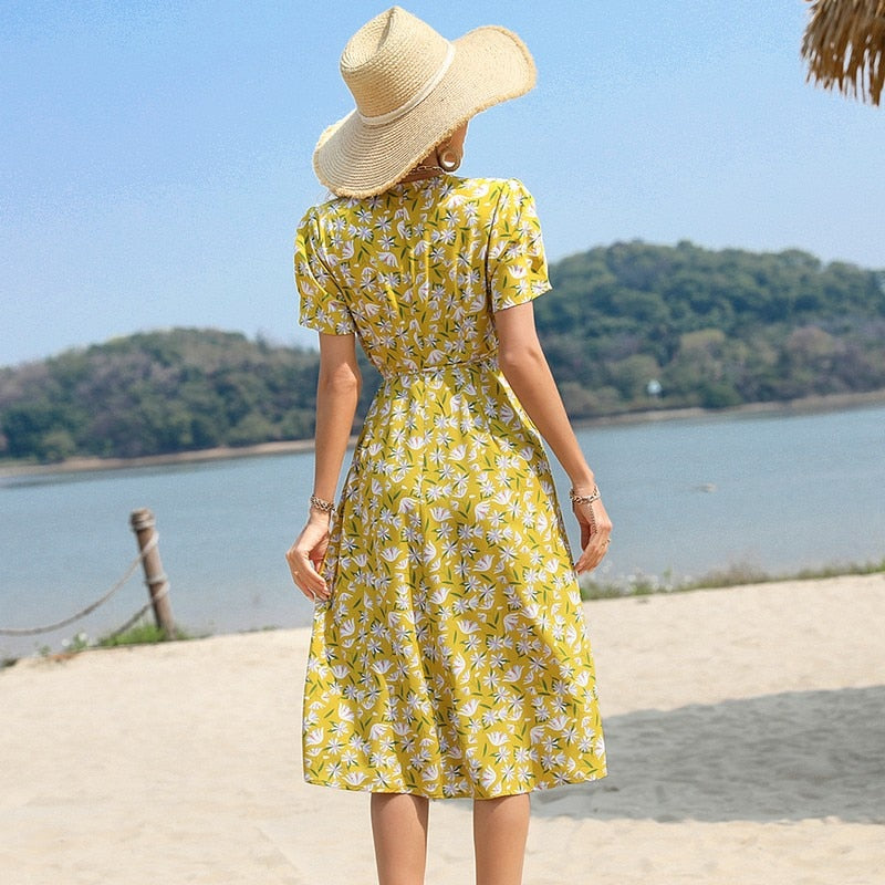 jinran Floral Print Ruffle Hem Tie Side Wrap Dress Summer V-neck Prairie Chic Short Sleeve Women Dress Yellow Printing Robe Femme