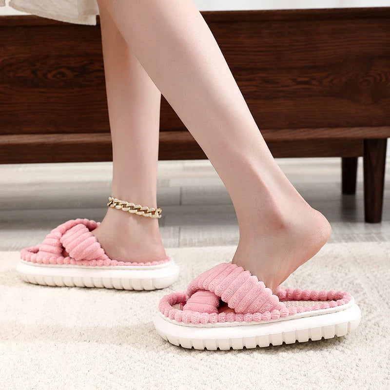 jinran 2024 Autumn Winter New Women Home Slippers Open-Toe Cross Band Linen Soled Indoor Slides Linen Soled Non-Slip Bathroom Slippers