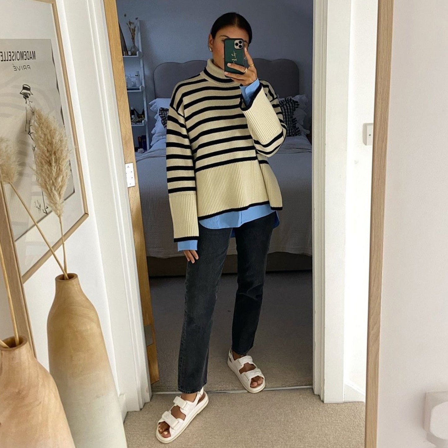 jinran Autumn New Women's High Collar Knitted Sweater Striped Slit Pullover Oversized Sweater Winter Clothes Women Thick Sweaters