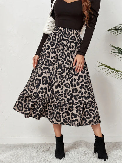 jinran  High Waist Leopard Midi Skirt For Women Casual Boho Printed Long Tulle Skirt Ladies 2024 Autumn New Chiffon A-line Skirt