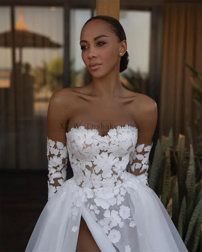 jinran White Sexy African Wedding Dresses Beach Long Sleeve Lace Bride Dress Split Side Organza Wedding Gowns Sweep Train Boda