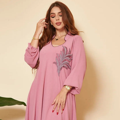 jinran Casual New Style Round Neck Fine Plain Color Polyester Muslim Southeast Asian Women's Chest Applique Dress Ab173