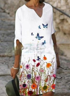 jinran Women Elegant Dress Summer Fashion Loose V-Neck Half Sleeve A-Line Dress Sundress Female Vintage Print Midi Dresses Vestidos